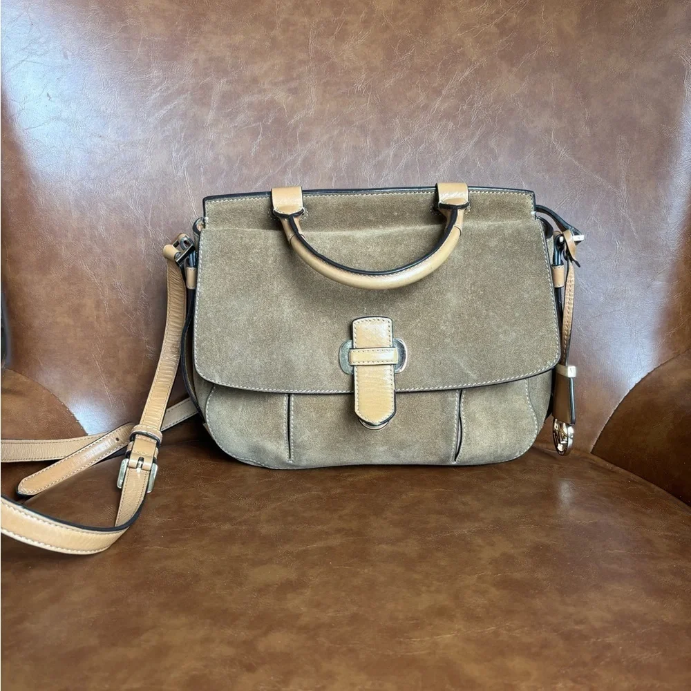 Michael Kors Romy Medium Suede Satchel Crossbody Bag Taupe Tan Leather